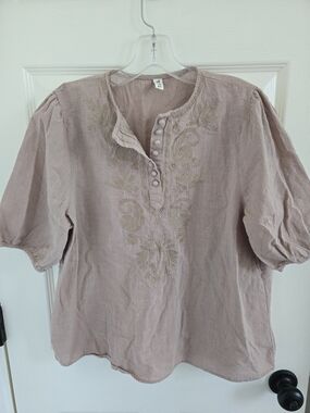 Boho Linen Embroidered Top, Boxy, Puff Sleeve, Versatile, Neutral XL Lightweight